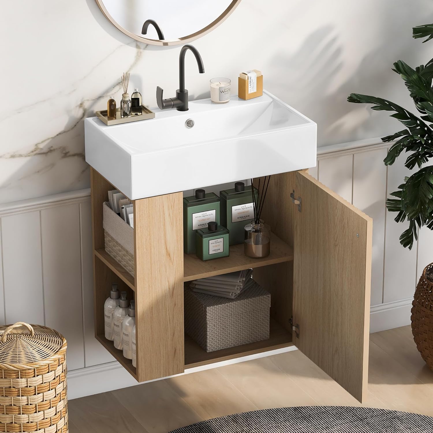 21.6-inch Bathroom Vanity with Sink Combo, Wall-Mounted Single Storage Cabinet with One Cabinet & Left 2-Tier Shelves, Wooden Vanity with Ceramic Basin for Bathroom, Wood