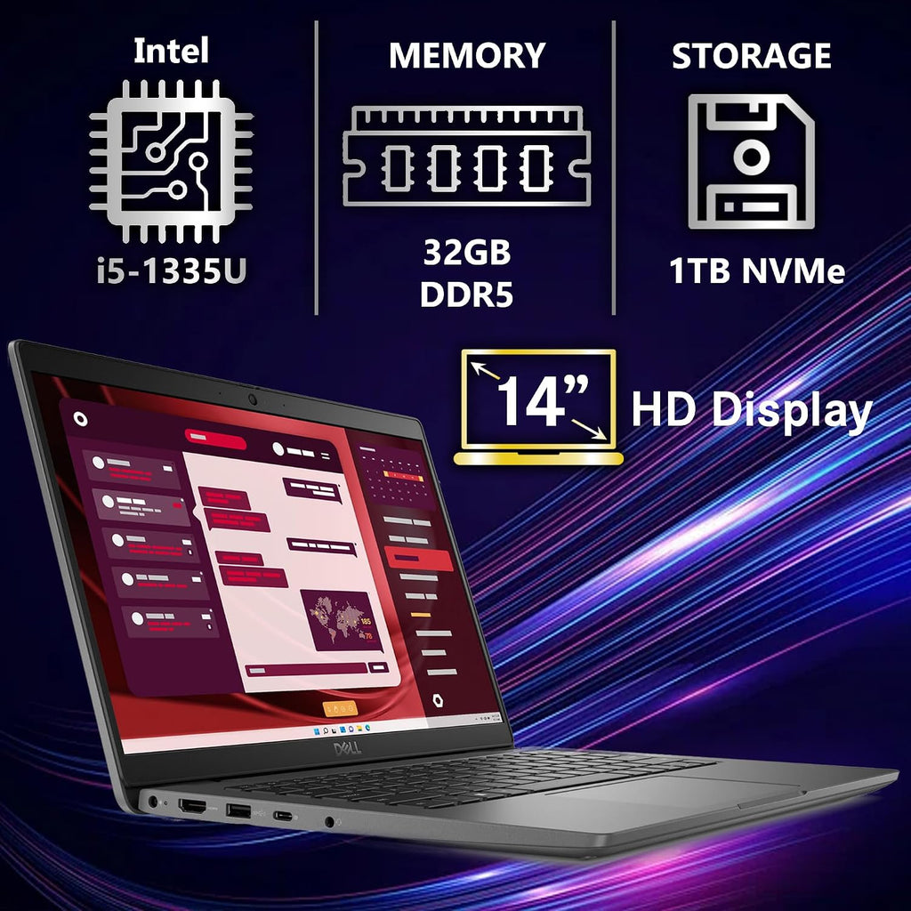 Dell Latitude 3450 3000 14' Business Laptop, Intel 10 Core i5-1335U (Beats i7-1270P), 32GB DDR5 RAM, 1TB NVMe, WiFi 6E + BT, HD Webcam, RJ-45, Win 11 Pro -Gray