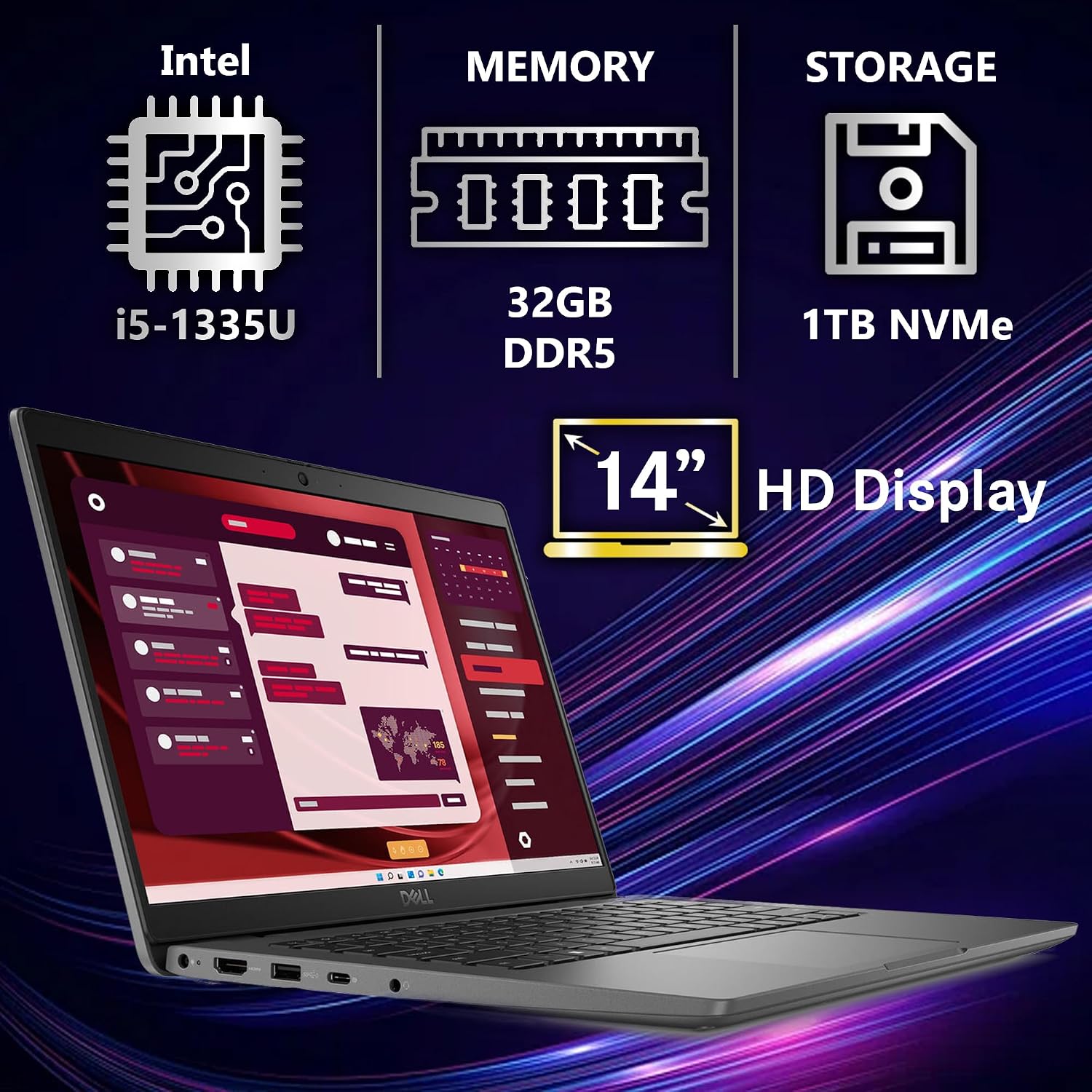 Dell Latitude 3450 3000 14' Business Laptop, Intel 10 Core i5-1335U (Beats i7-1270P), 32GB DDR5 RAM, 1TB NVMe, WiFi 6E + BT, HD Webcam, RJ-45, Win 11 Pro -Gray