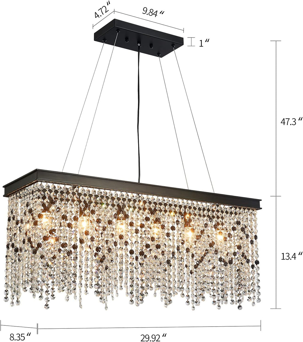 Q&S Black Modern Crystal Chandelier,L30 6-Light Luxury Rectangle Chandelier Light Fixtures for Dining Room Kitchen Island Bar UL Listed