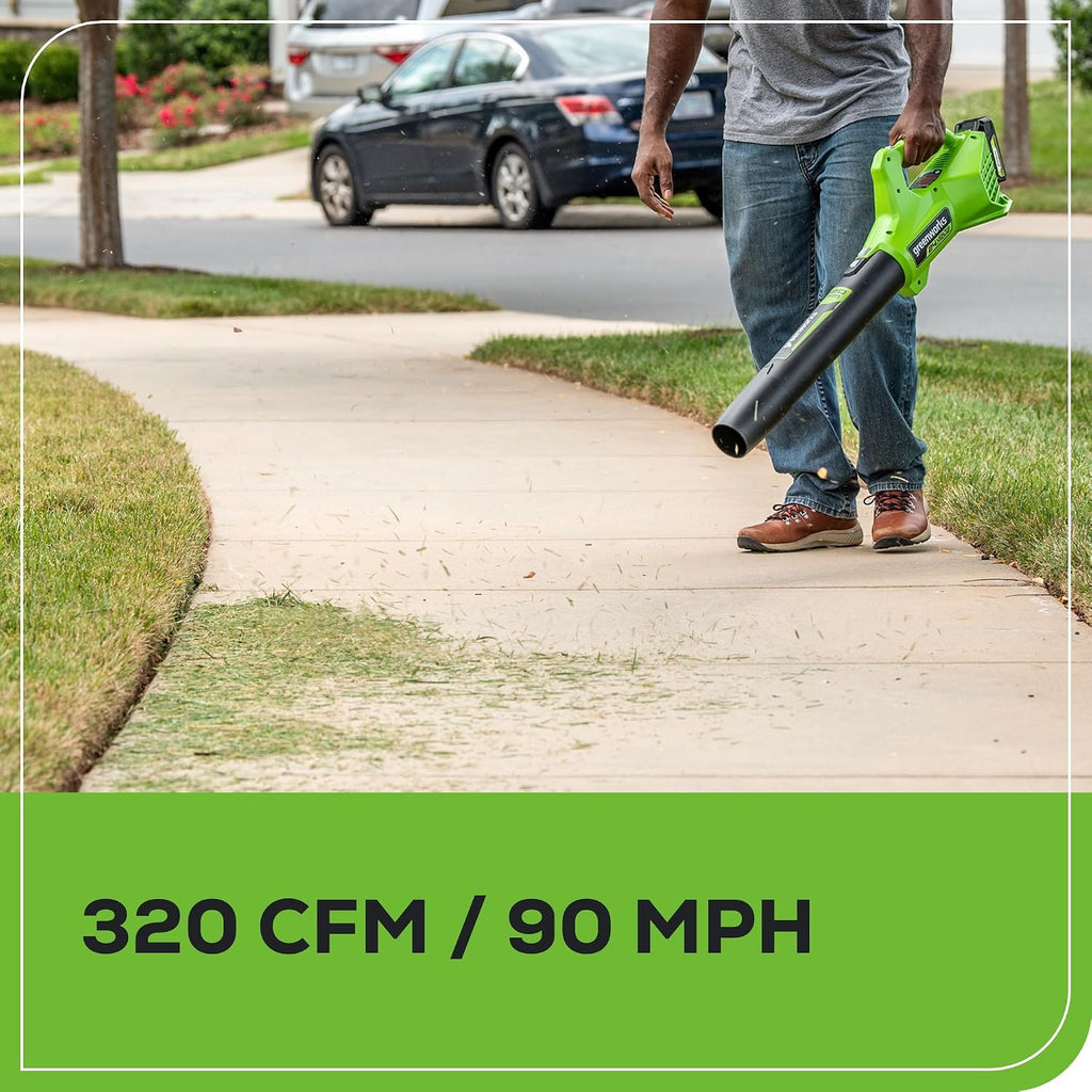 Greenworks 48V (24V x 2) 17' Brushless Mower+12' String Trimmer +320CFM Blower,(2) 4.0Ah Batteries and 2A Dual Port Charger
