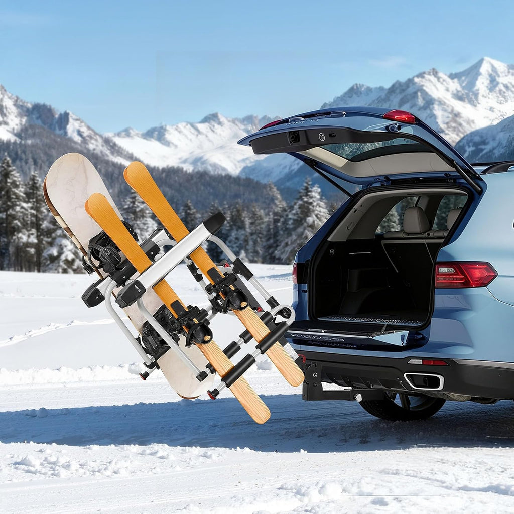 VEVOR Hitch Mounted Ski & Snowboard Rack, Fits 2-Inch Receiver, Carries up to 6 Pairs of Skis or 4 Snowboards, Hitch-Mounted Rack for Car with Key Lock, Security Strap, Tilt Access, Rubber Padding