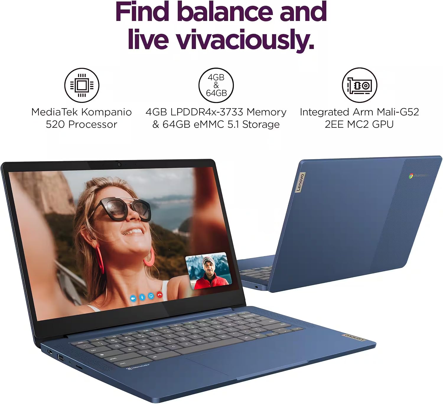 Lenovo Flagship Chromebook, 14'' FHD Touchscreen Slim Thin Light Laptop Computer, 8-Core MediaTek Kompanio 520 Processor, 4GB RAM, 64GB eMMC, WiFi 6,Chrome OS, Abyss Blue, w/USB Flash Drive