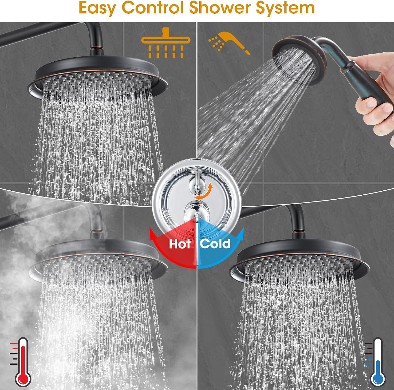 Antique Rain Shower Head with Handheld Spray, Oil Rubbed Bronze Rain Shower System with Rough-in Balance Pressure Valve, 9 inch Bathroom Luxury Rain Fall Shower Head Wall Mount Round, (B2312-ORB)