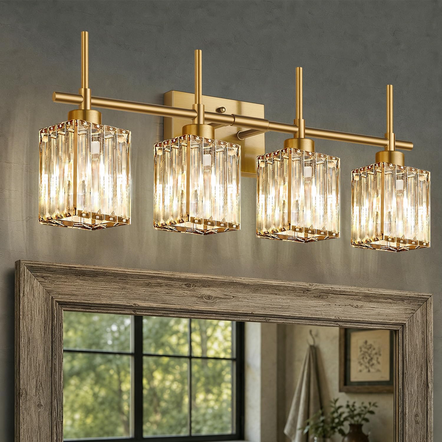 Torondo Modern Crystal Bathroom Vanity Light 4-Lights Brushed Gold Bathroom Light Fixtures Over Mirror Brushed Gold Vanity Lighting Fixtures Square Shade Brass Wall Sconce (Bulbs Not Include)