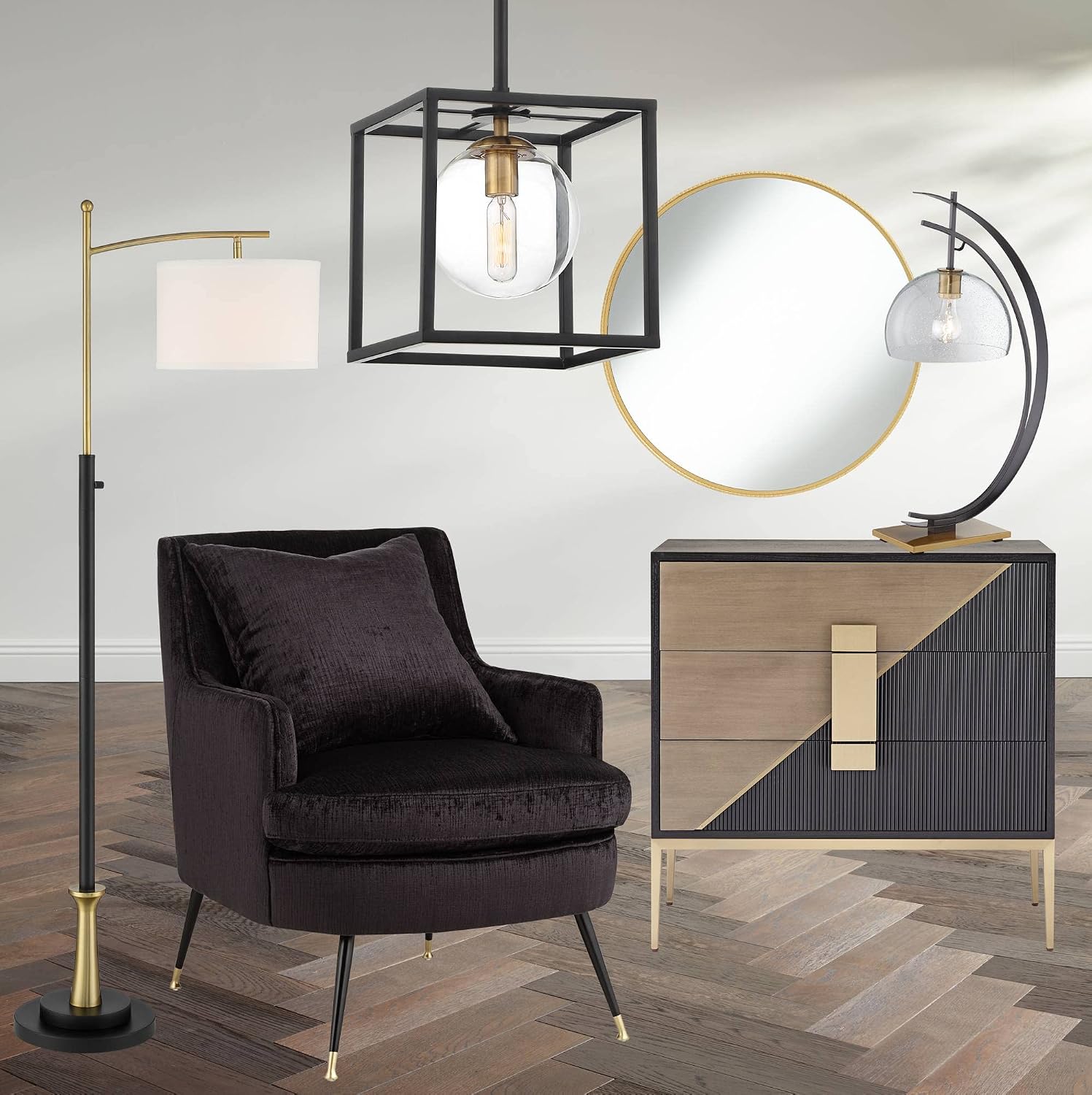 Possini Euro Design Delaney Black Burnished Brass Mini Pendant Light 8' Wide Modern Square Cage Round Clear Glass Shade Fixture Dining Room House Entryway Bedroom Kitchen Island Hallway Ceilings