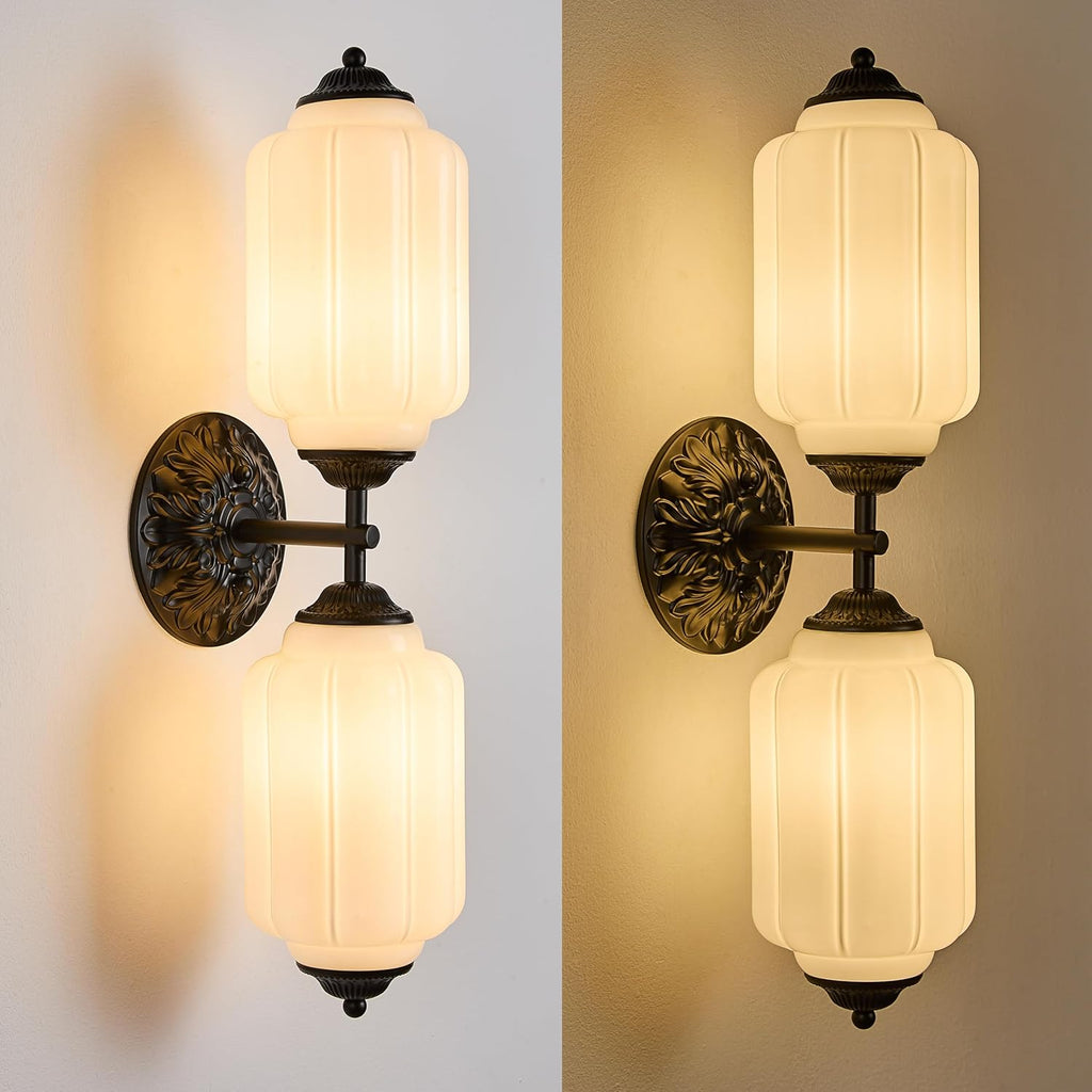 Vintage Milk Glass Vanity Light Fixture Over Mirror, 2-Light Wall Sconce with Black Metal, Vanity Lighting for Bathroom, Living Room, Bedroom