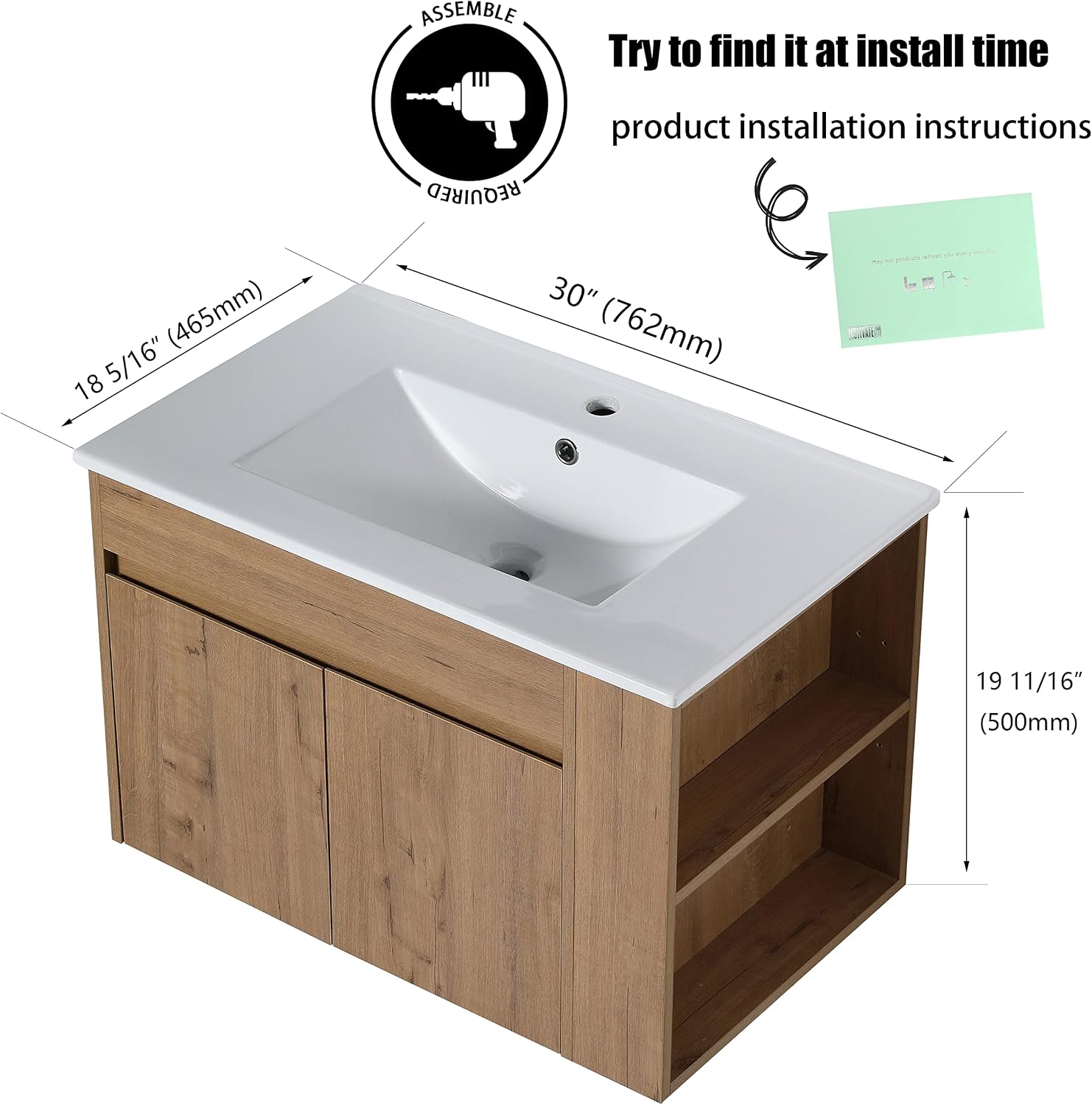 30' Bathroom Vanity with Sink, 30 Inch Floating Vanity with Soft-closing Door, Modern Single Sink Bathroom Vanity Combo, Brown Wall Mounted Cabinet Set with Open Shelf (IMO-027, 30''W x 18''D)