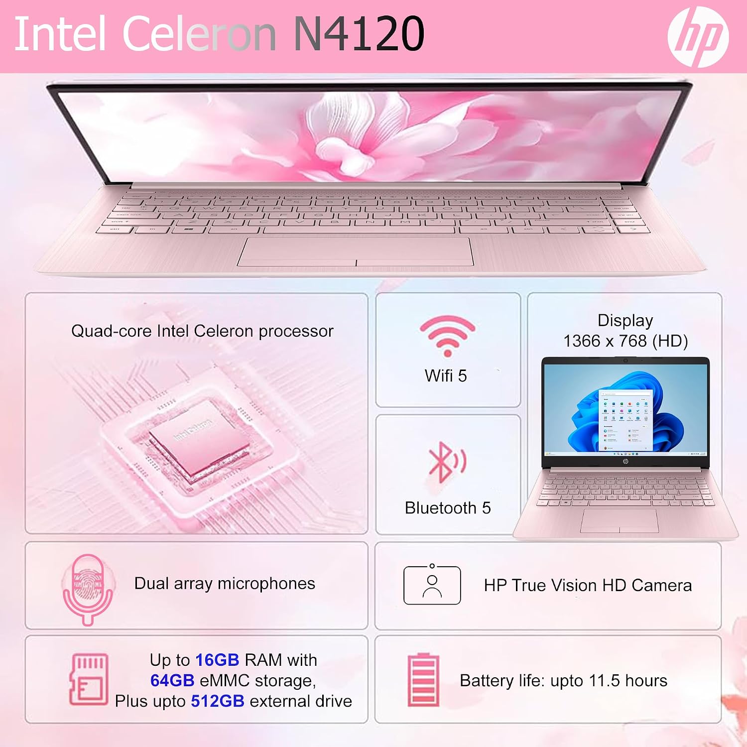 HP Ultralight 14 inch Laptop with Intel 4-Core Processor • with Microsoft 365 and Wireless Earbuds • 16GB RAM • 64GB SSD • HD Display • Pink • Windows 11