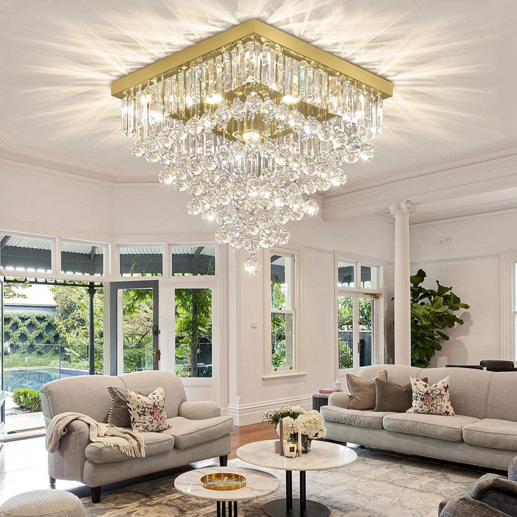 Modern Gold Square Crystal Flush Mount Ceiling Light 20' 6 Lights Luxury K9 Crystal Chandelier Lighting Fixture for Living Room Dining Room Bedroom Kitchen Entryway Hallway Foyer