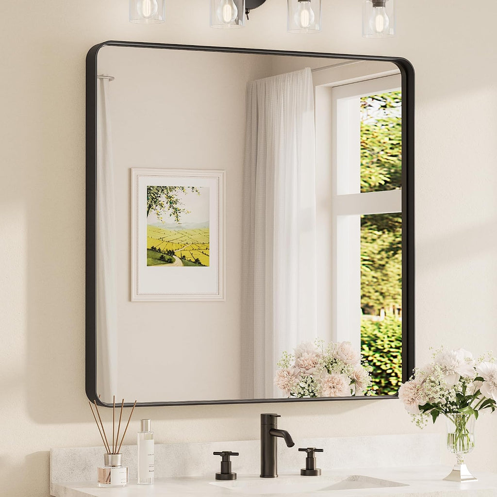 TETOTE Black Framed Mirrors for Bathroom, 36 x 36 Inch Modern Wall Mounted Square Matte Frame Decorative Vanity Mirror for Living Room Entryway
