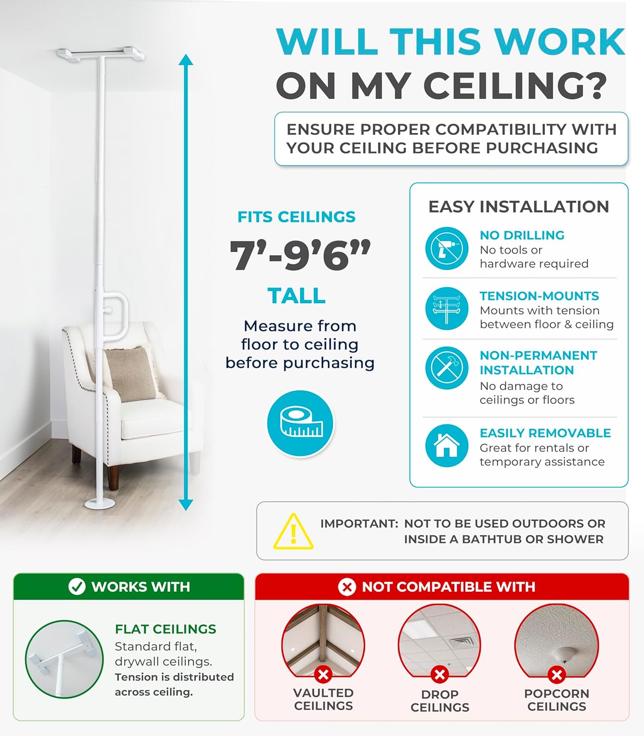 Stander Wonder Pole, Security-Pole and Curve Grab Bar, Tension Mounted Floor to Ceiling Transfer-Pole for Seniors, Elderly Adults, Bathroom Safety Assist and Stability Rail, White