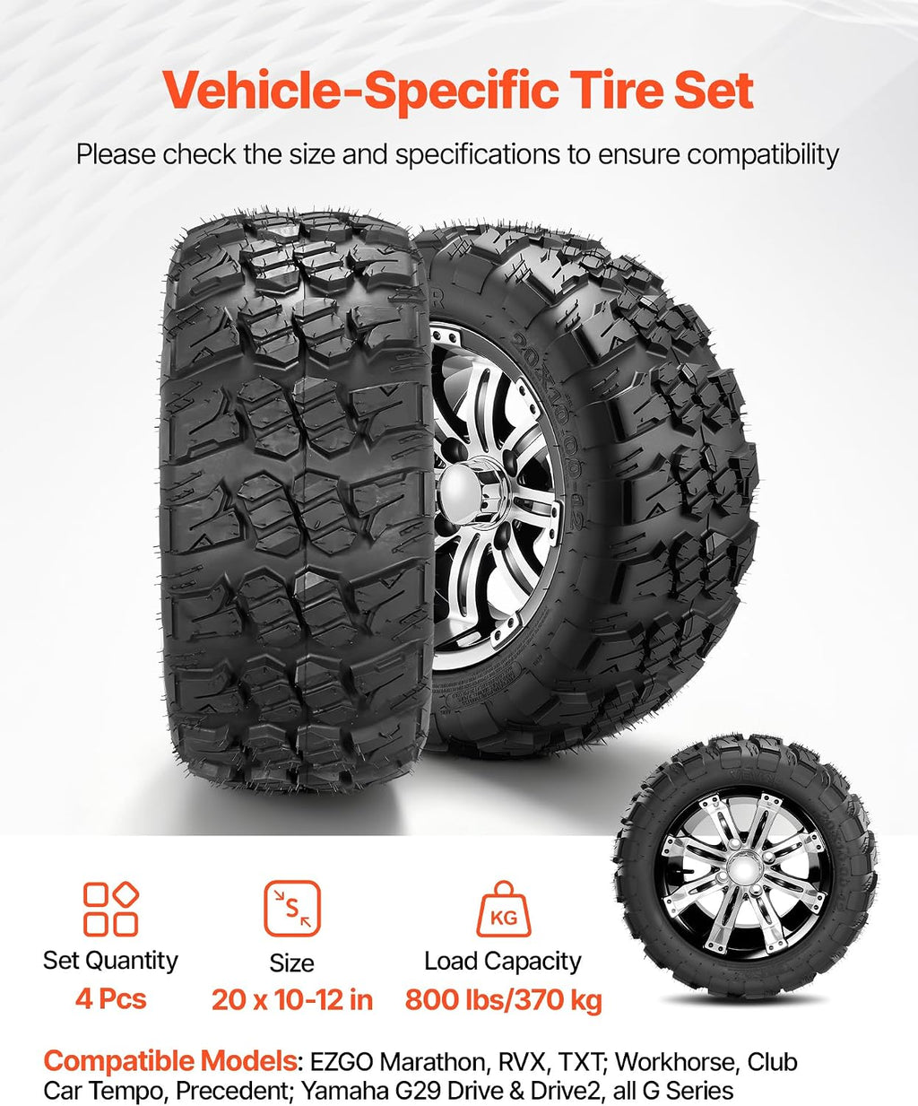 VEVOR Golf Cart Wheels, 12' 20x10-12 Black Aluminum Alloy Golf Cart Tires and Wheels Combo (Set of 4) Fit Club Car, EZGO, Yamaha, 4 Ply Rubber 4-Lug Lawn Mower Tires & Rims, 800 lbs Load, All-Terrain