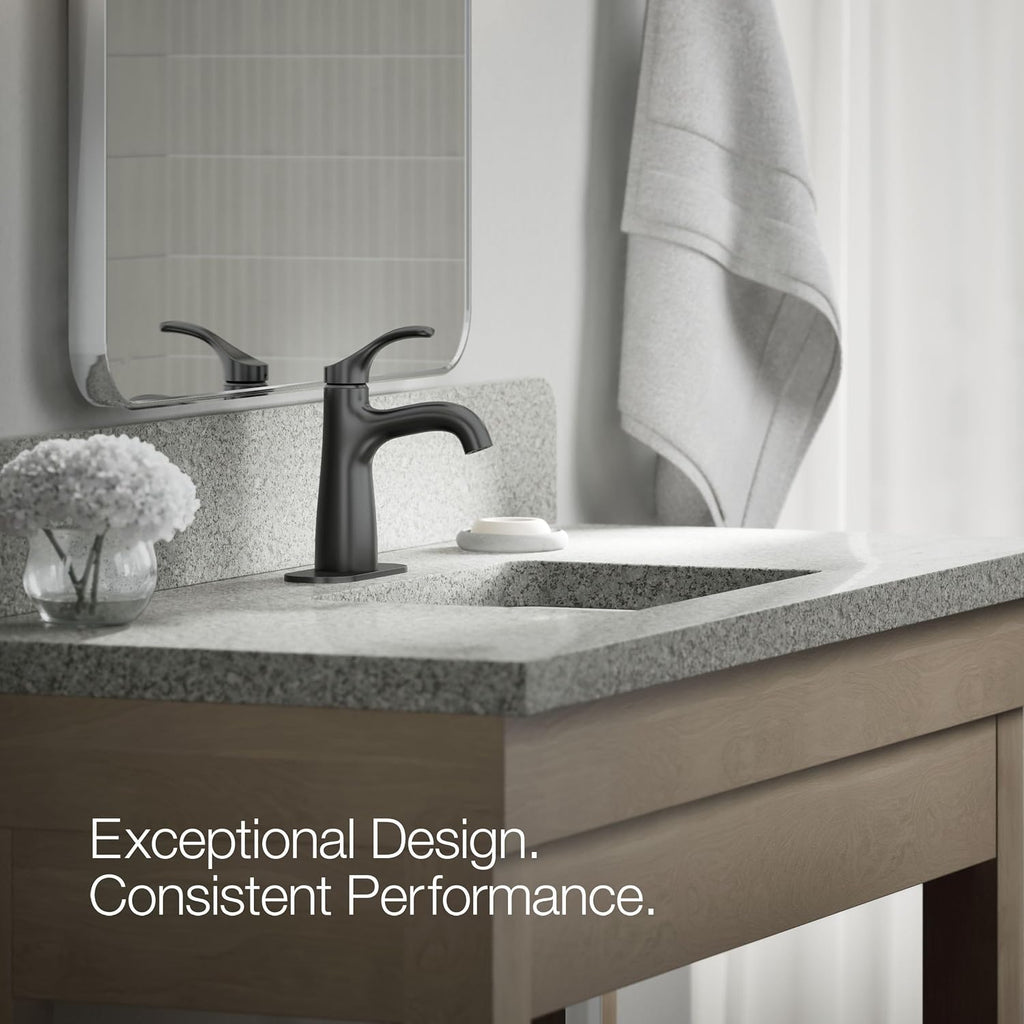 KOHLER K-27389-4-BL Simplice® Single-Handle Bathroom Sink Faucet, 1-Hole, Single-Handle Bathroom Faucets with Clicker Drain, 1.2 GPM, Matte Black