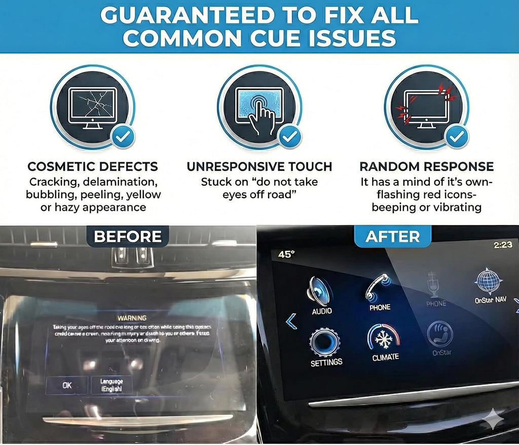 Cadillac CUE Ultra-Premium Touch Screen Replacement (2013–2020) – Upgraded QuantumCore Chip with Pro-Grade Toolkit – Dual-Mode Chip, HD Gel-Free Display, Lifetime Warranty from Cuescreens USA