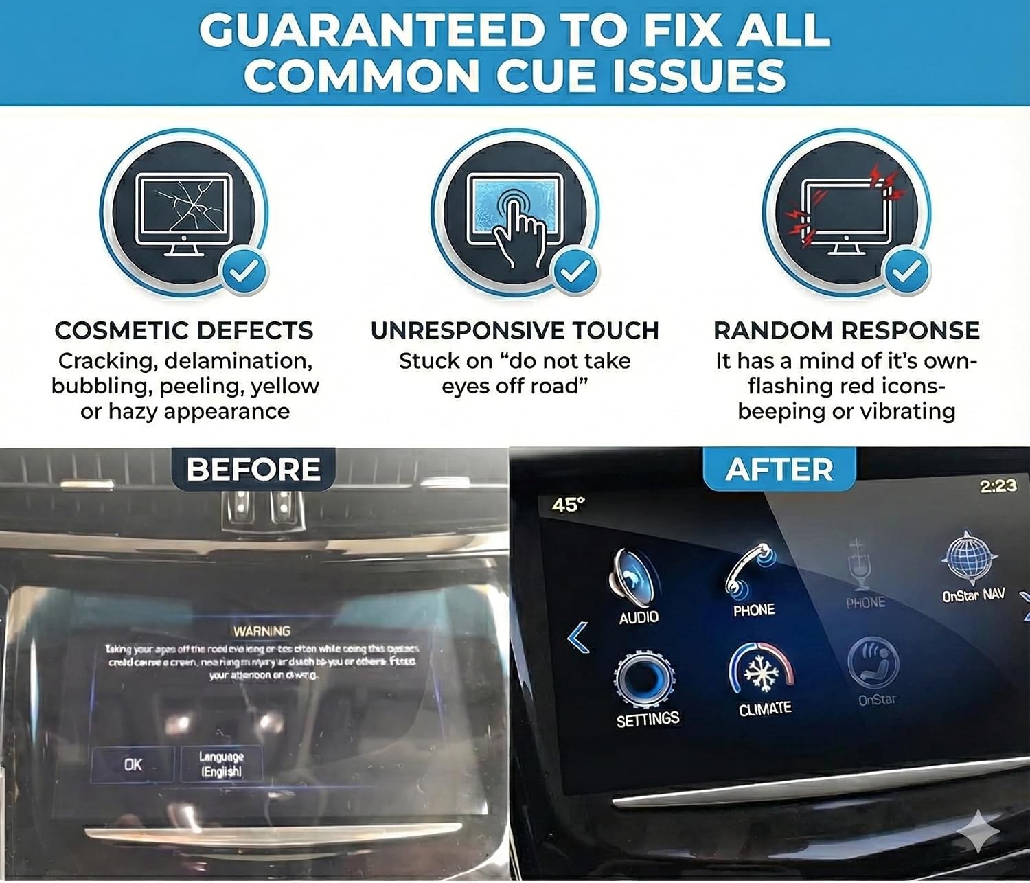 Cadillac CUE Premium Touch Screen Replacement – Upgraded Ultra-Responsive QuantumCore Chip with Dual-Mode Engineering – HD Gel-Free Display | OEM-Quality Digitizer 2013–2020 – Lifetime Support