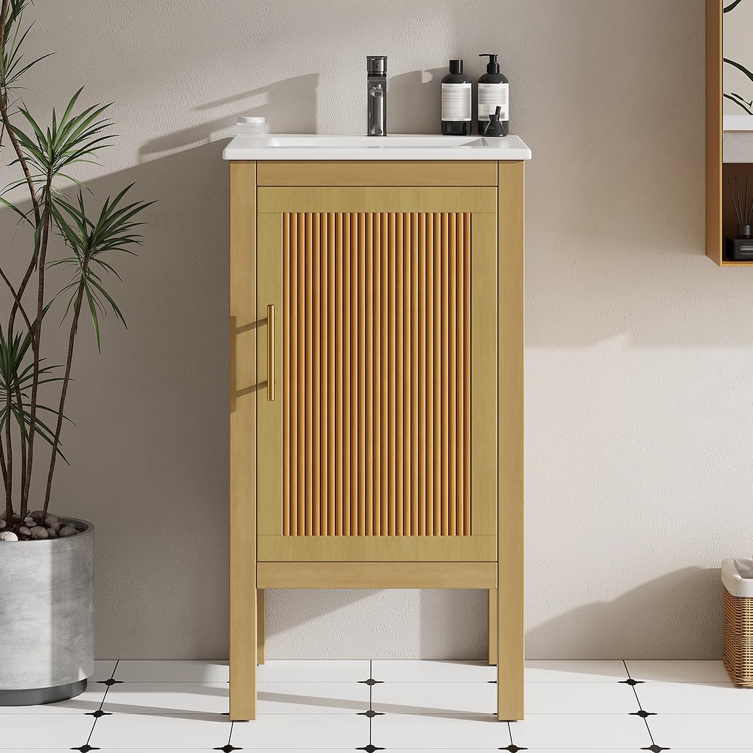 18-inch Bathroom Vanity with Sink Combo, Free-Standing Single Storage Cabinet with One Soft-Close & Adjustable Shelf, Modern Natural Wood Grain Vanity with Ceramic Basin for Bathroom (Natural)
