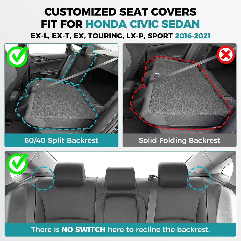 Seat Covers for Honda Civic Sedan EX-L, EX-T, EX, Touring, Sport 2016-2021, Faux Leather Car Seats Cover Full Set Waterproof Black Red Line (60/40 Split Seatback-with Rear Armrest)