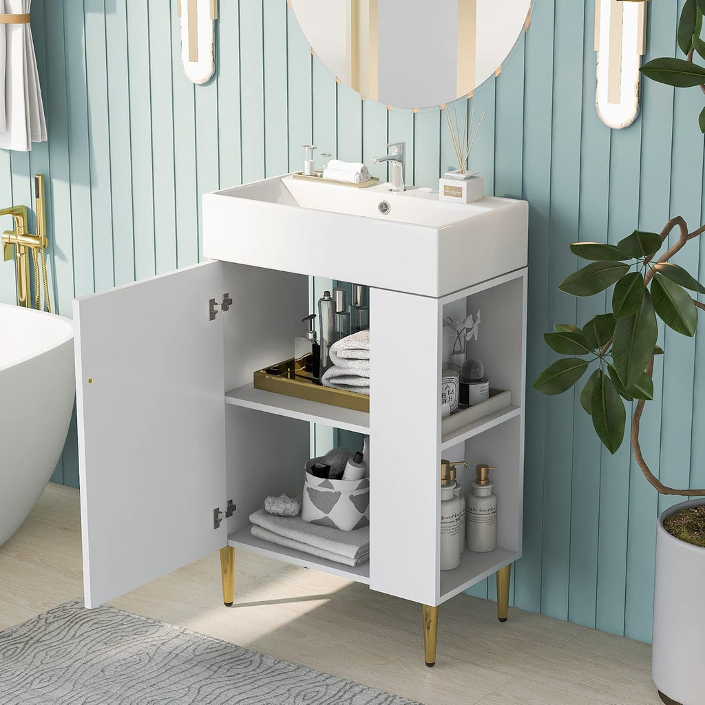21.6-Inch Bathroom Vanity with Sink, Free Standing Vanity Cabinet with Storage Cabinet & Right Two-Tier Shelf, Wood Bath Organizer with Ceramic Sink for Bathroom, White