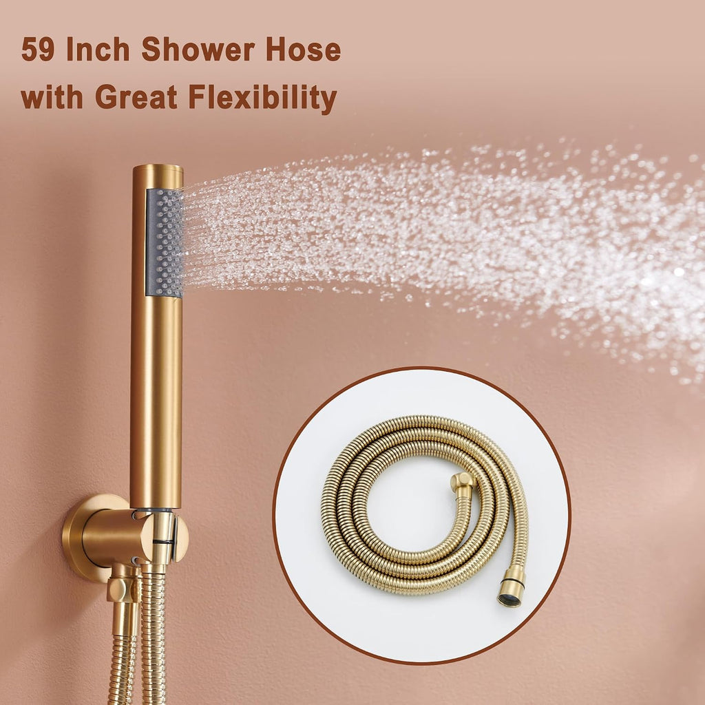 MONDAWE 12 Inch Ceiling Mounted Brushed Gold Shower System, 3-Functions Shower Faucet Set with Rainfall Dual Shower Head and High Pressure Handheld Spray, All Function Can be Used At the Same Time