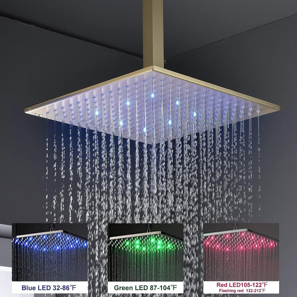 Brushed Gold Rain Shower System with Body Jet, HOMEDEC 12inch LED Rainfall Shower Head System Thermostatic Faucet Set with Body Spray and Handheld