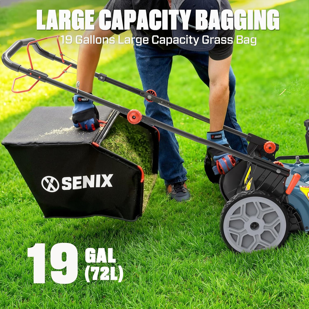 SENIX 22 Inch 3-in-1 Gas Lawn Mower, 201cc Rear Wheel Single Speed Self-Propelled Mower, 4-Cycle Engine, Steel Deck, Mulching, Bagging, Discharging, 6-Position Cutting Height Adjustable, for Yard