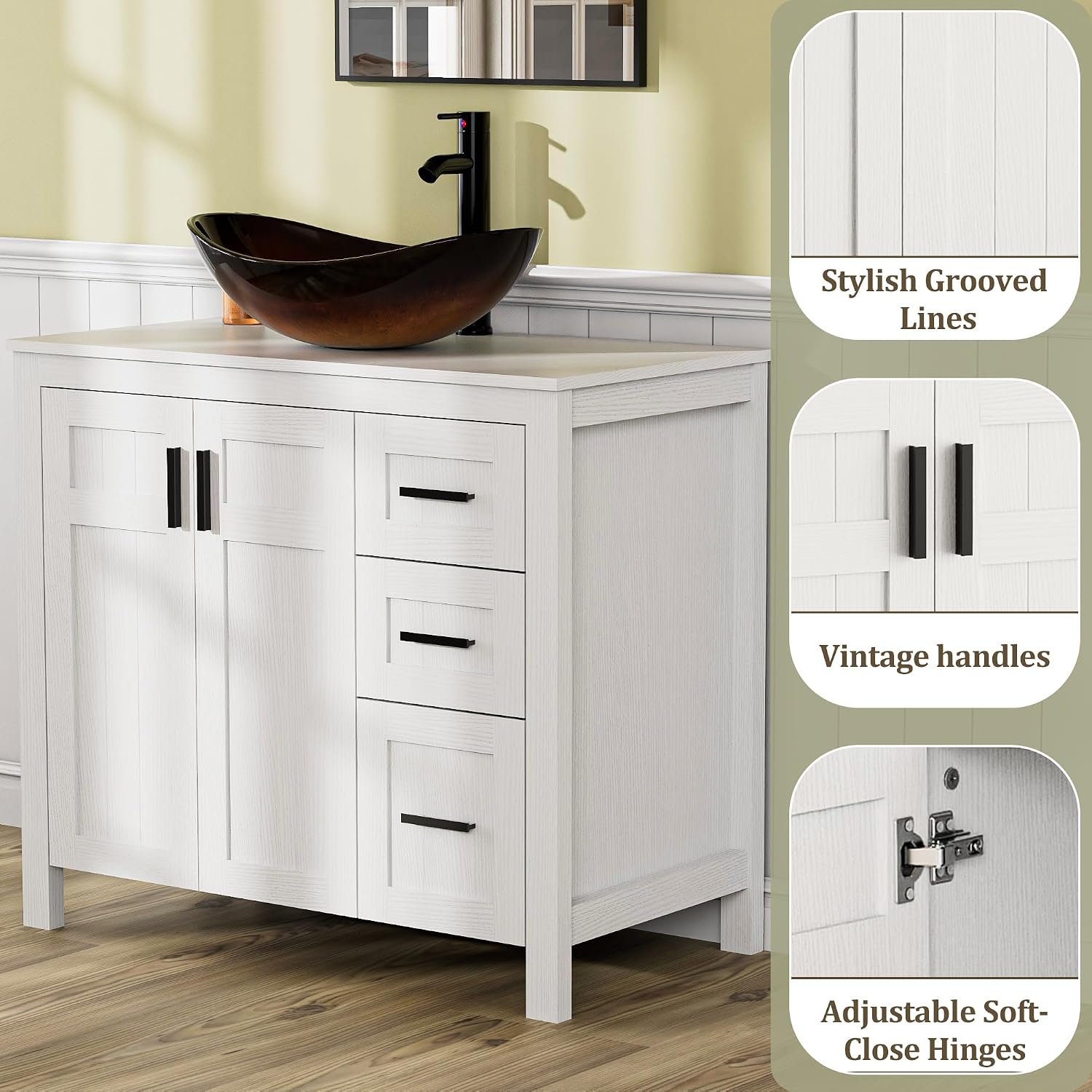 UEV 36' Bathroom Vanity with Sink Combo,Modern Freestanding Sink Cabinet with 3 Drawers,Stylish Bathroom Vanity Cabinet,Grooved Door,Metal Handles,Vessel Sink (Bronze Boat, 36' White)