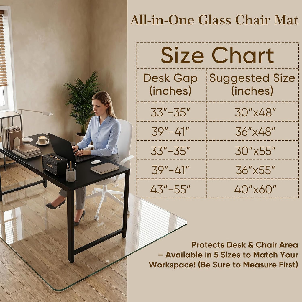 Tempered Glass Chair Mat for Hardwood Floor & Low Pile Carpet, 40' x 60' Heavy Duty Office Chair Mat with Non-Slip Pads, Scratch Resistant Floor Protector for Home Office