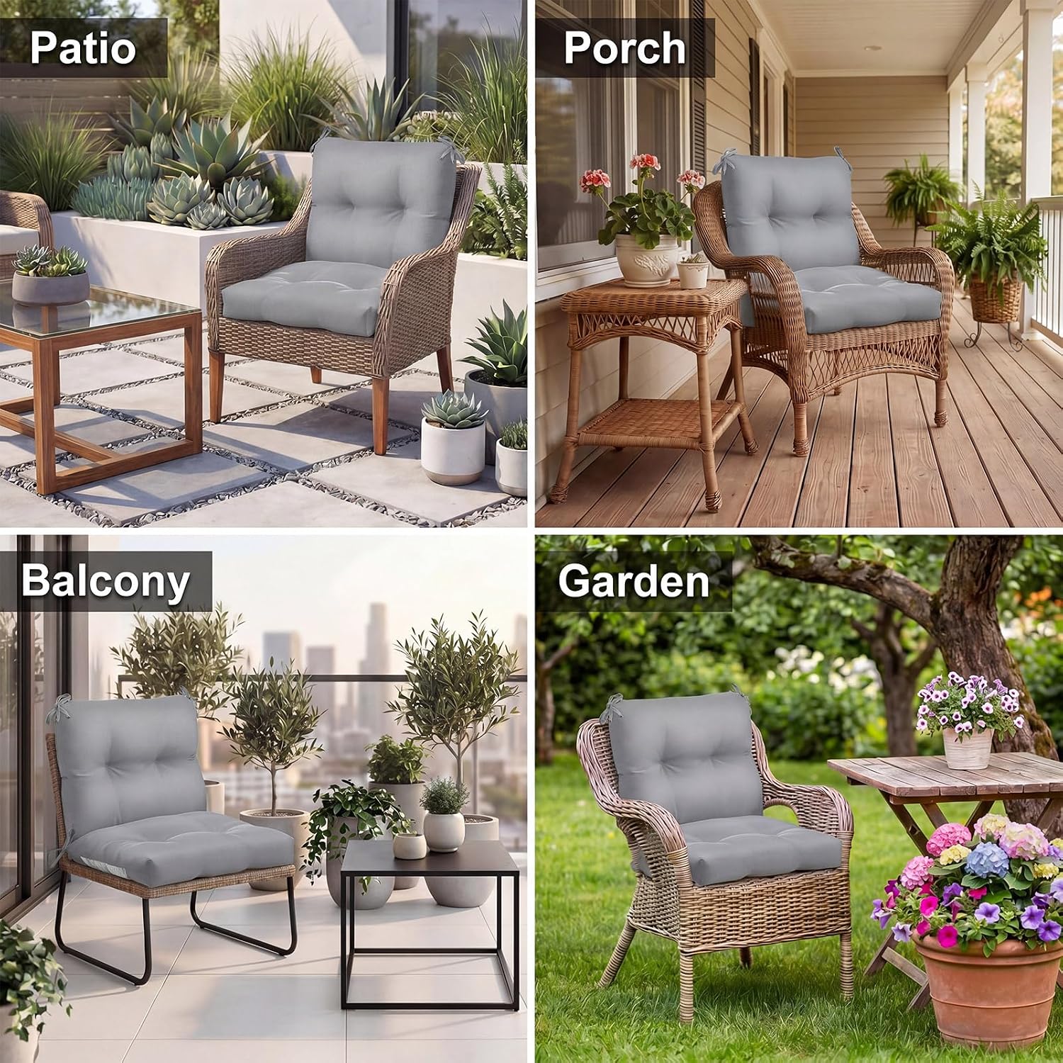 Geetery Outdoor Chair Cushions Set of 4 High Back Patio Furniture Replacement Seat Pads with Ties 42x21x4' for Lawn Porch Wicker Rocking Dining Chairs Weather Resistant Fade Resistant(Light Grey)