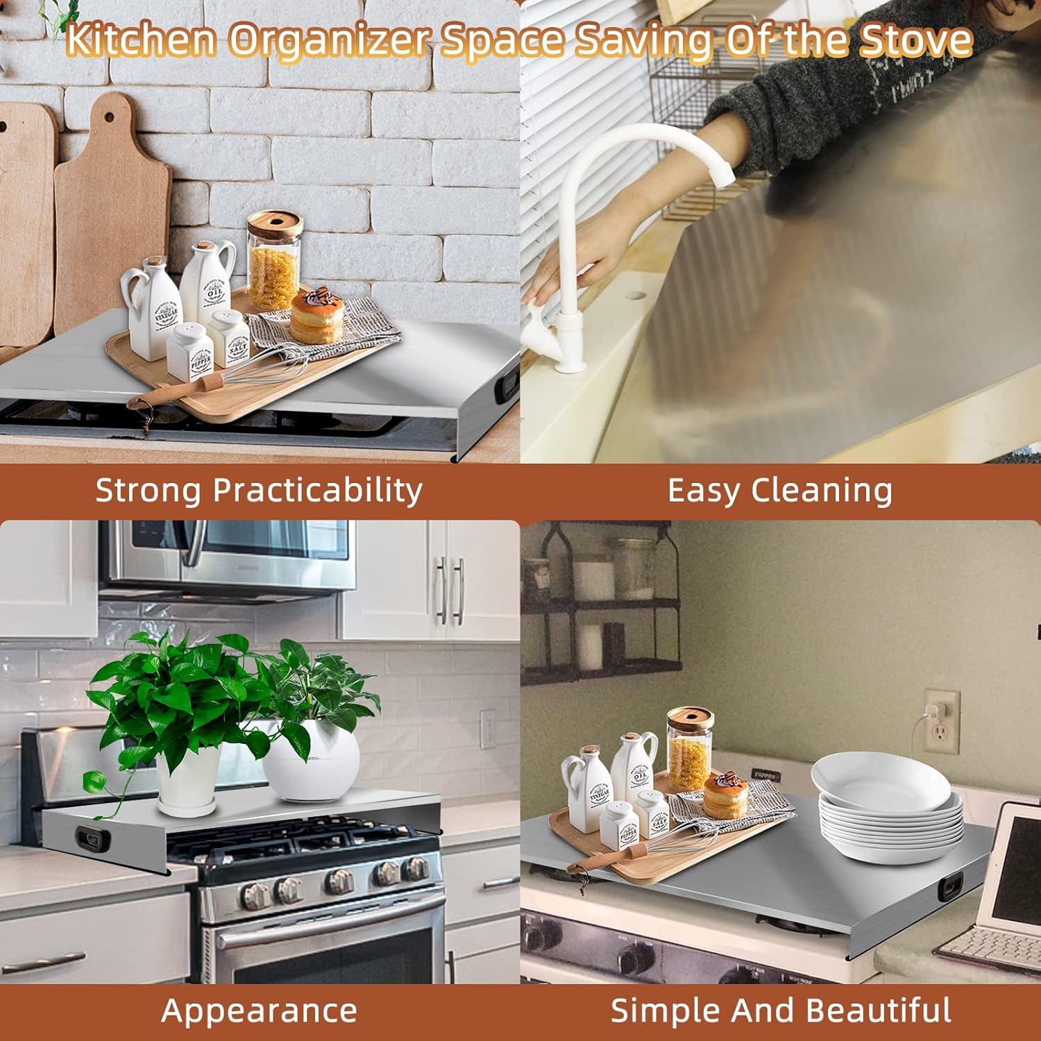 Stainless Steel Gas Stove Top Cover, Noodle Board Cooktop Cover, Kitchen Organizer for Gas and Electric Stove Range Expanding Kitchen Space, Large Size 36'x 23.6'x3', Sliver