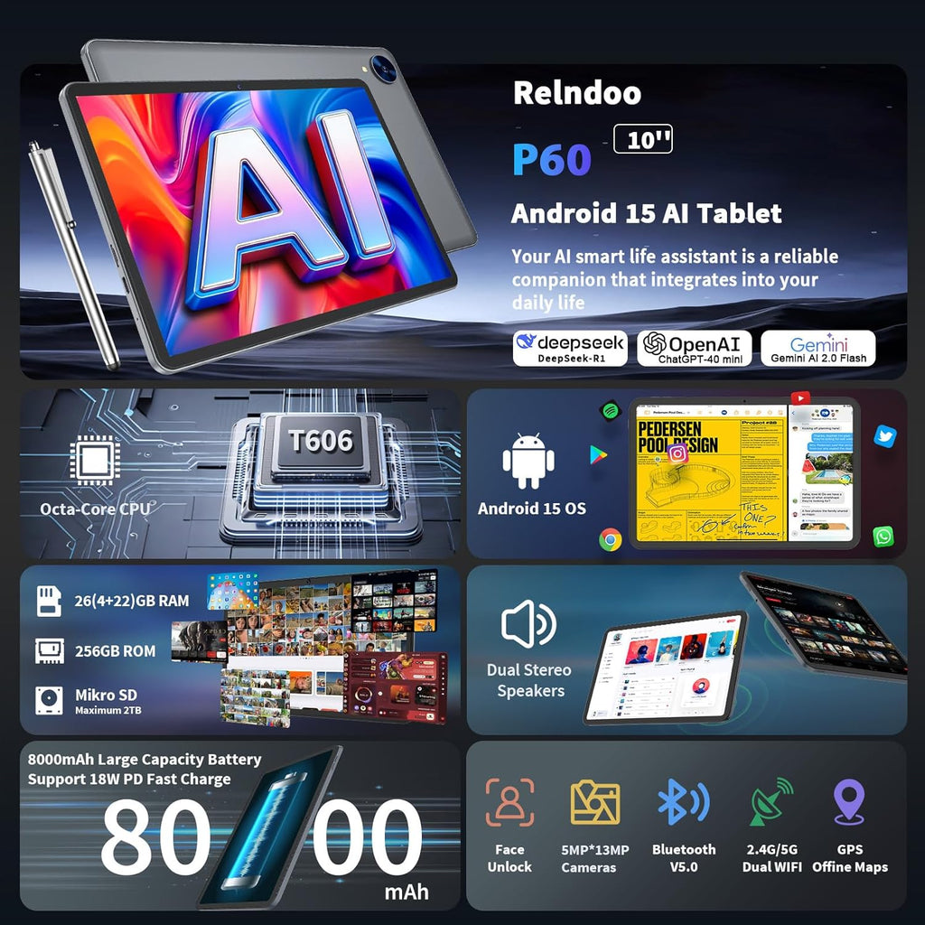 2026 Android 15 Tablet, 10 inch Tablet with Keyboard, 24GB+256GB+2TB Expand, 2-in-1 Tablets with 8-Core, 5G WiFi, 8000mAh, BT5.0, GMS, GPS, Gemini AI, Tablets PC with Mouse, Case, Stylus (Black)