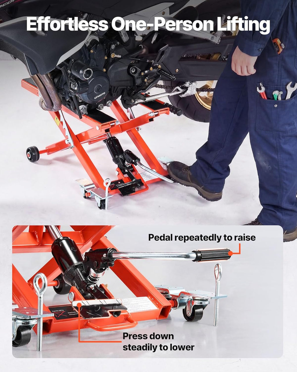 VEVOR Hydraulic Motorcycle Lift Jack, 1100 lbs Capacity, Scissor Lift Jack Portable Motorcycle Hoist Stand with 6 Wheels, 4.72'-15.15' Height Range, Hydraulic Foot-Operated Hoist Stand for Dirt Bikes