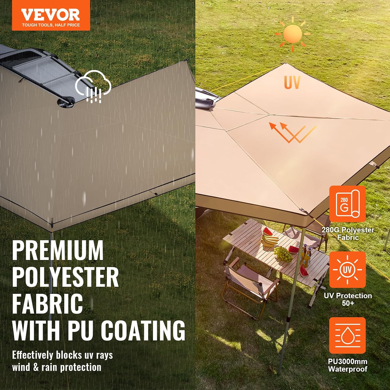 VEVOR 270 Degree Awning, 115 sq.ft Driver Side Vehicle Awning, UV50+ Waterproof Car Side Awnings with Carry Bag, All-Weather Overland Awnings Car Shelter for SUV Van Truck Camping