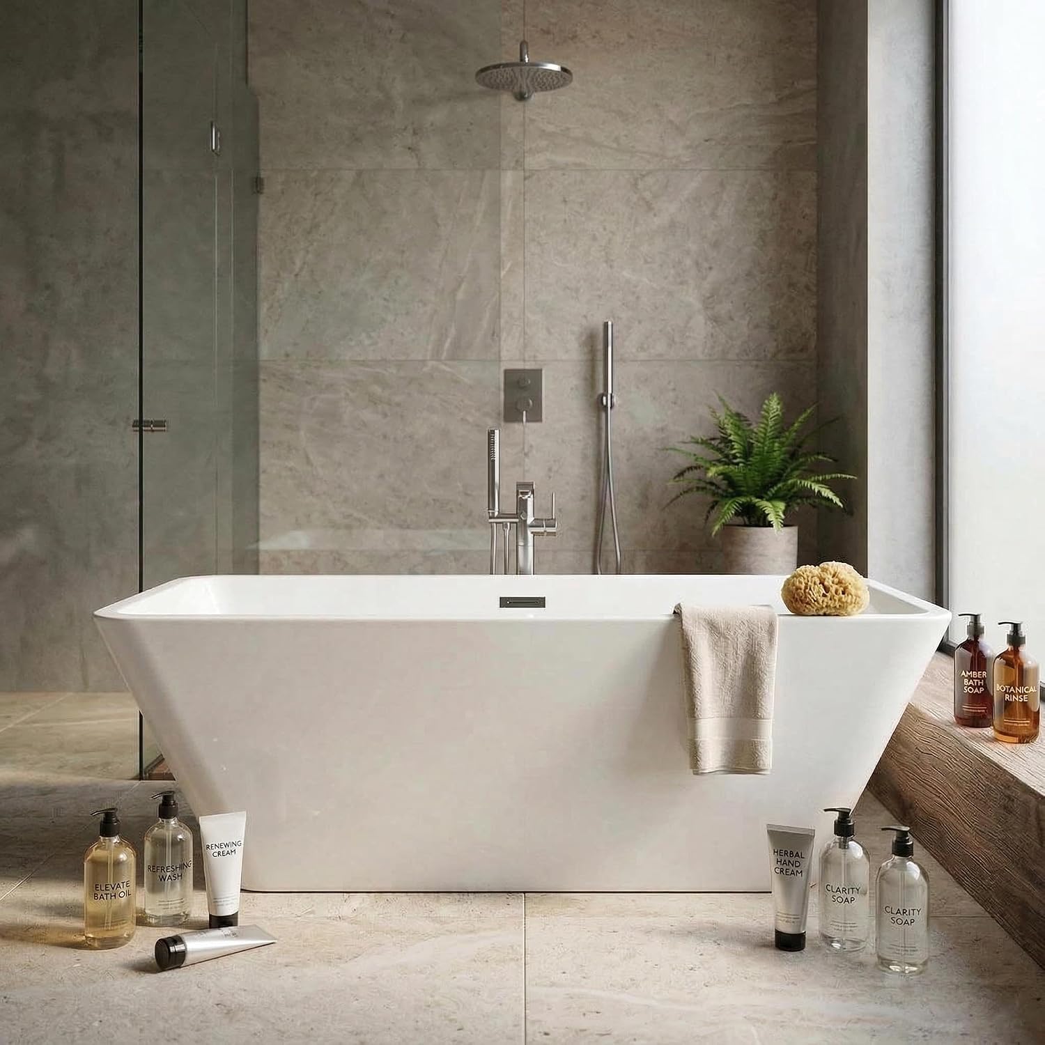 66' Acrylic Freestanding Soaking Bathtub, Matte Drain & Black Overflow, Modern Design Tub for Home Bathroom Renovations, Glossy White