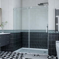 Sliding Shower Door 56–60 inch W× 76 inch H, Frameless Glass Shower Door with Round Stainless Steel Rail and 55mm Rollers, 6mm Tempered Glass, Brushed, Modern Shower Enclosure for Bathroom Remodeling