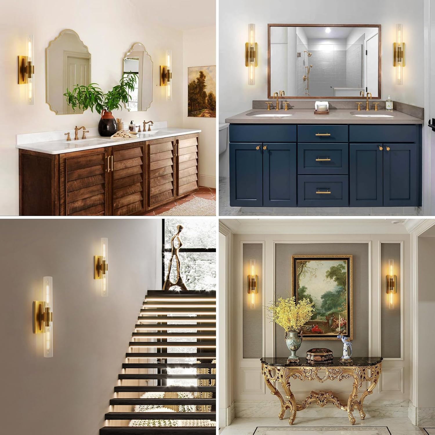 Brass Bathroom Vanity Wall Sconces, Glass Tube Wall Sconces, 24 Inch Horizontal or Vertical Linear Wall Sconces,Gold Vanity Light, Bathroom Wall Sconce, E26 Bulb Included