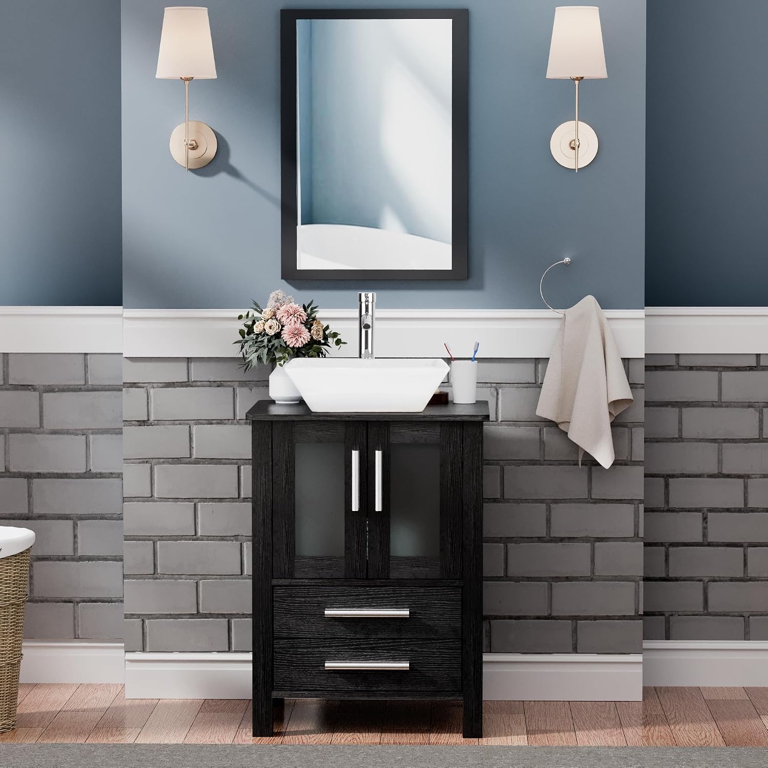UEV 24' Black Bathroom Vanity with Ceramic Vessel Sink, Modern Bathroom Vanity Cabinet, Pop Up Drain and 30% Water-Saving Design, Faucet, Soft Closing Drawers/Doors, Mirror Not Included(A07)