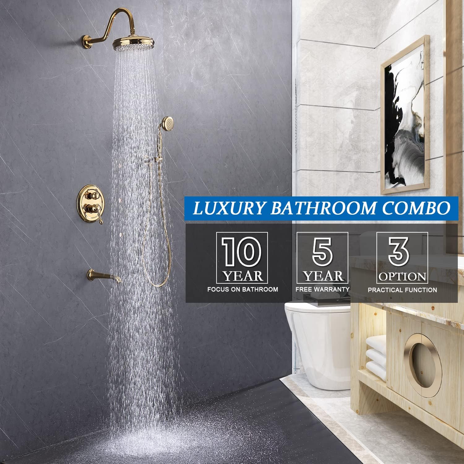 Enga Bright Gold Brass Shower Tub Faucet System Antique 8inch Rainfall Shower with Spout and Hand Spray