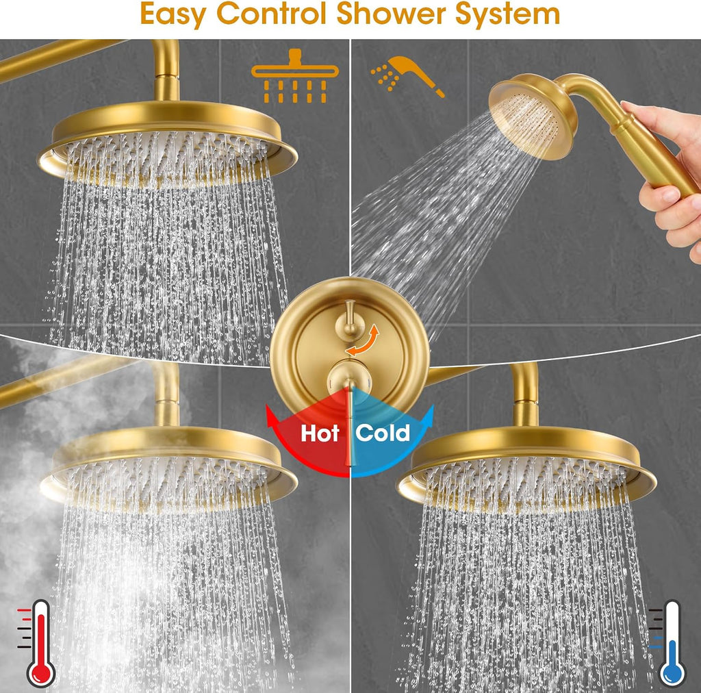 Rainfall Shower Head with Handheld Combo, Brushed Gold Shower System with Balance Pressure Valve, 9 inch Shower Head and Faucet Set, Rain Shower Head with Handheld Spray Wall Mount(B2312-BG)