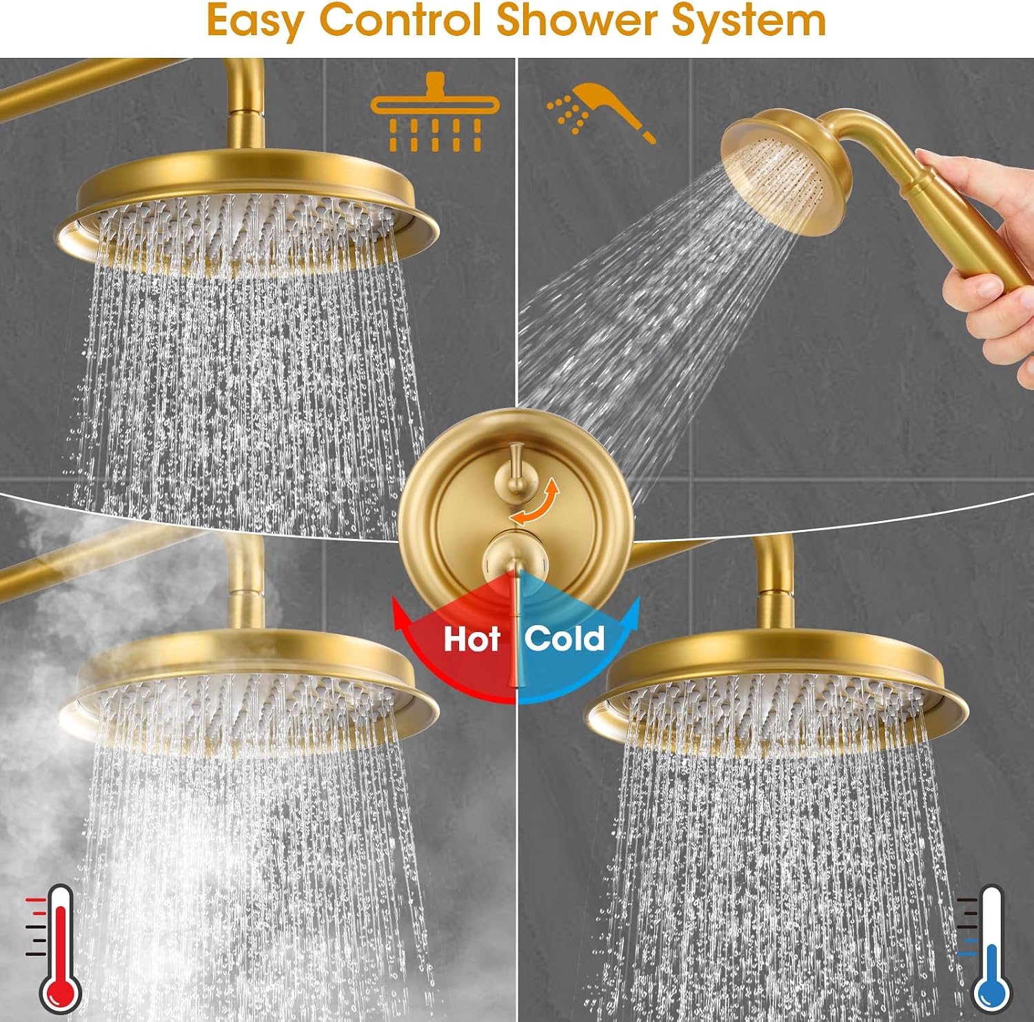 Rainfall Shower Head with Handheld Combo, Brushed Gold Shower System with Balance Pressure Valve, 9 inch Shower Head and Faucet Set, Rain Shower Head with Handheld Spray Wall Mount(B2312-BG)