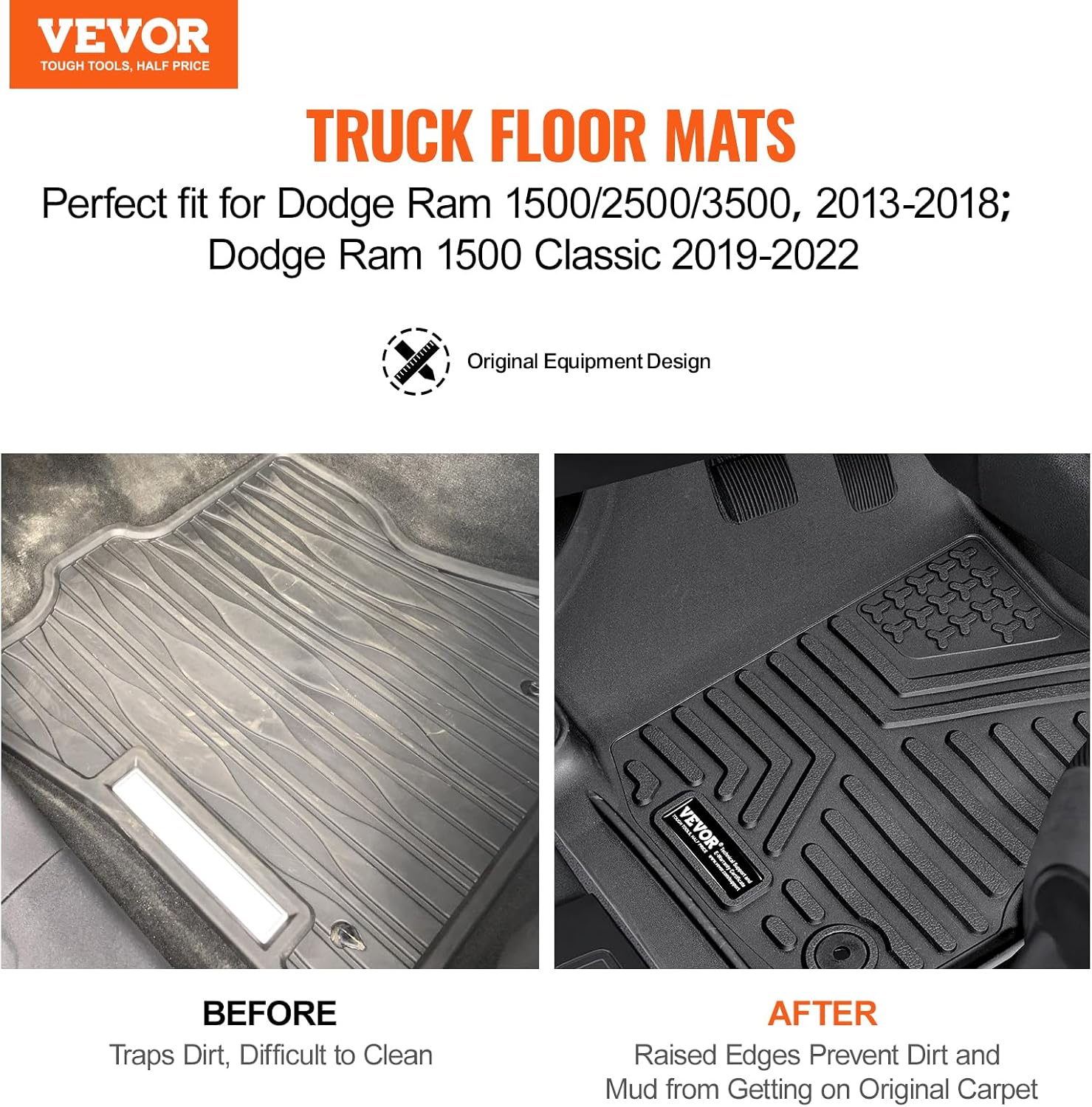 VEVOR Automotive Floor Mats, Fits for Dodge Ram 1500/2500/3500, Crew cab only 1500 Classic 2013-2018/2019-2022, 3 pcs Front, 2nd Row Liners, All Weather Custom Fit TPE Vehicle Mats for Trucks, Black