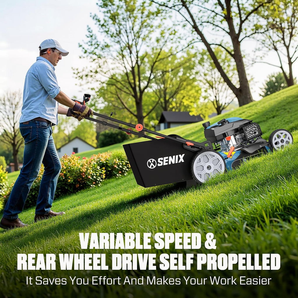 SENIX 201cc 22' 3-in-1 Gas Lawn Mower, Variable Speed Rear Wheel Self-Propelled Mower, Mulching, Bagging, Discharging, Foldable, 6 Cutting Height Adjustable, for Garden Yard