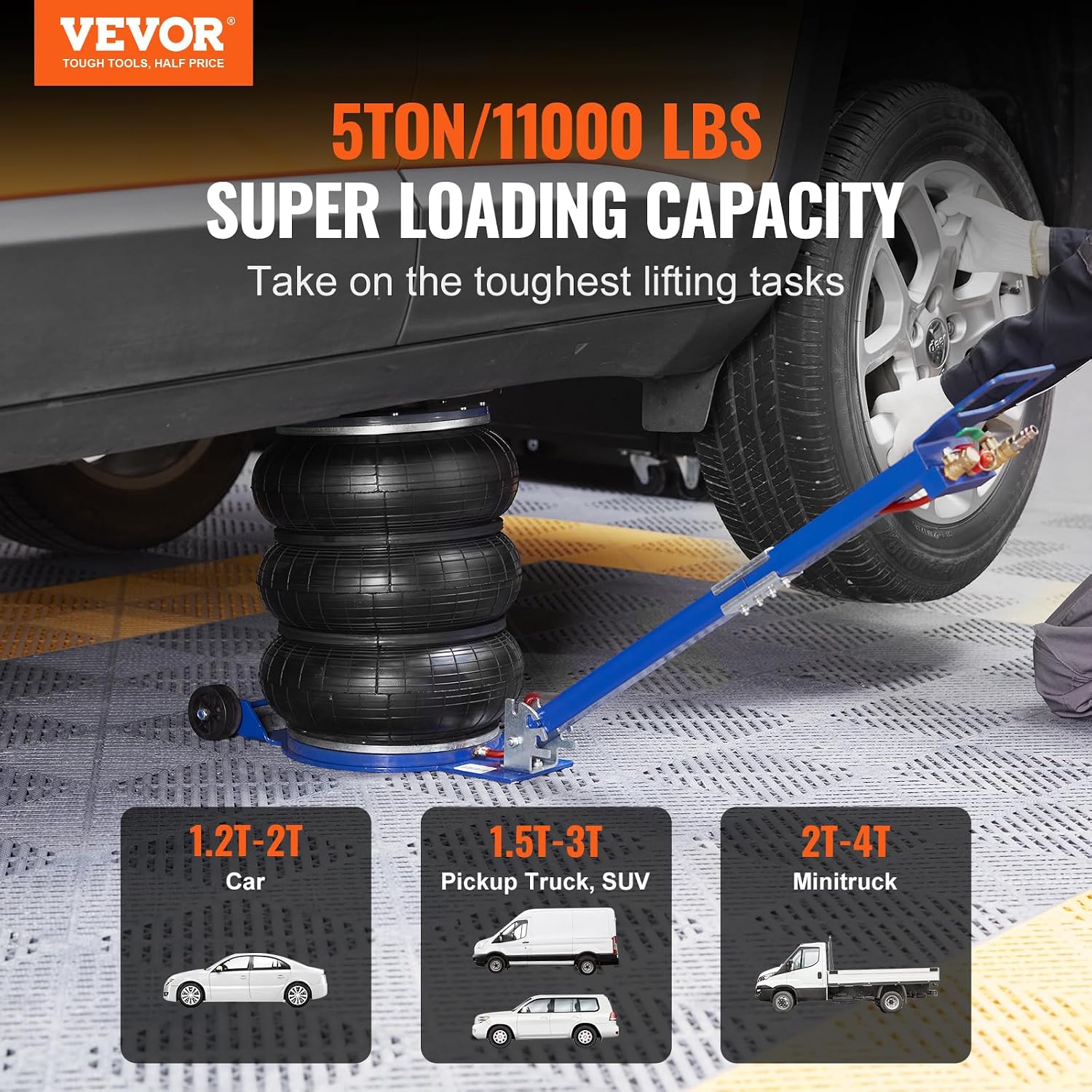 VEVOR Triple Bag Air Jack, 5 Ton/11000 lbs | Six Steel Pipes, Lift up to 18.5 inch/470 mm, 3-5 s Fast Lifting, Adjustable Handle, For Car, Garage, Repair