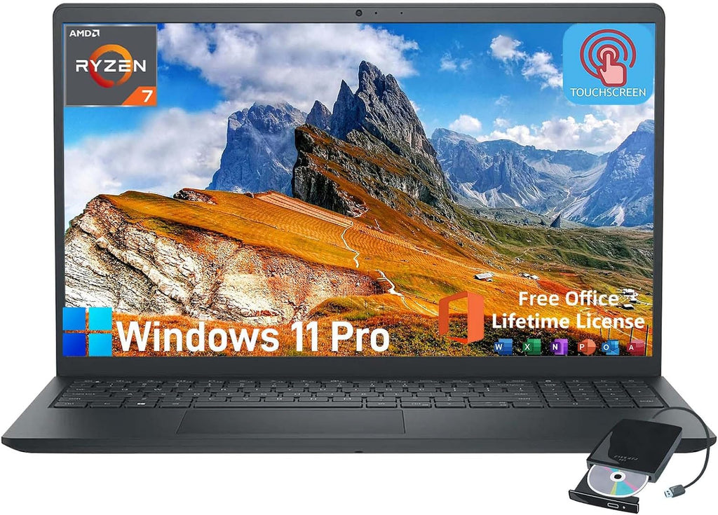 Dell Inspiron 3535 Touchscreen Laptop - with 2024 Office Lifetime & External DVD Drive, 15.6' FHD Touch Computer for Business, AMD Ryzen 7 7730U, HD Webcam, Copilot, Win 11 pro (16GB RAM | 512GB SSD)
