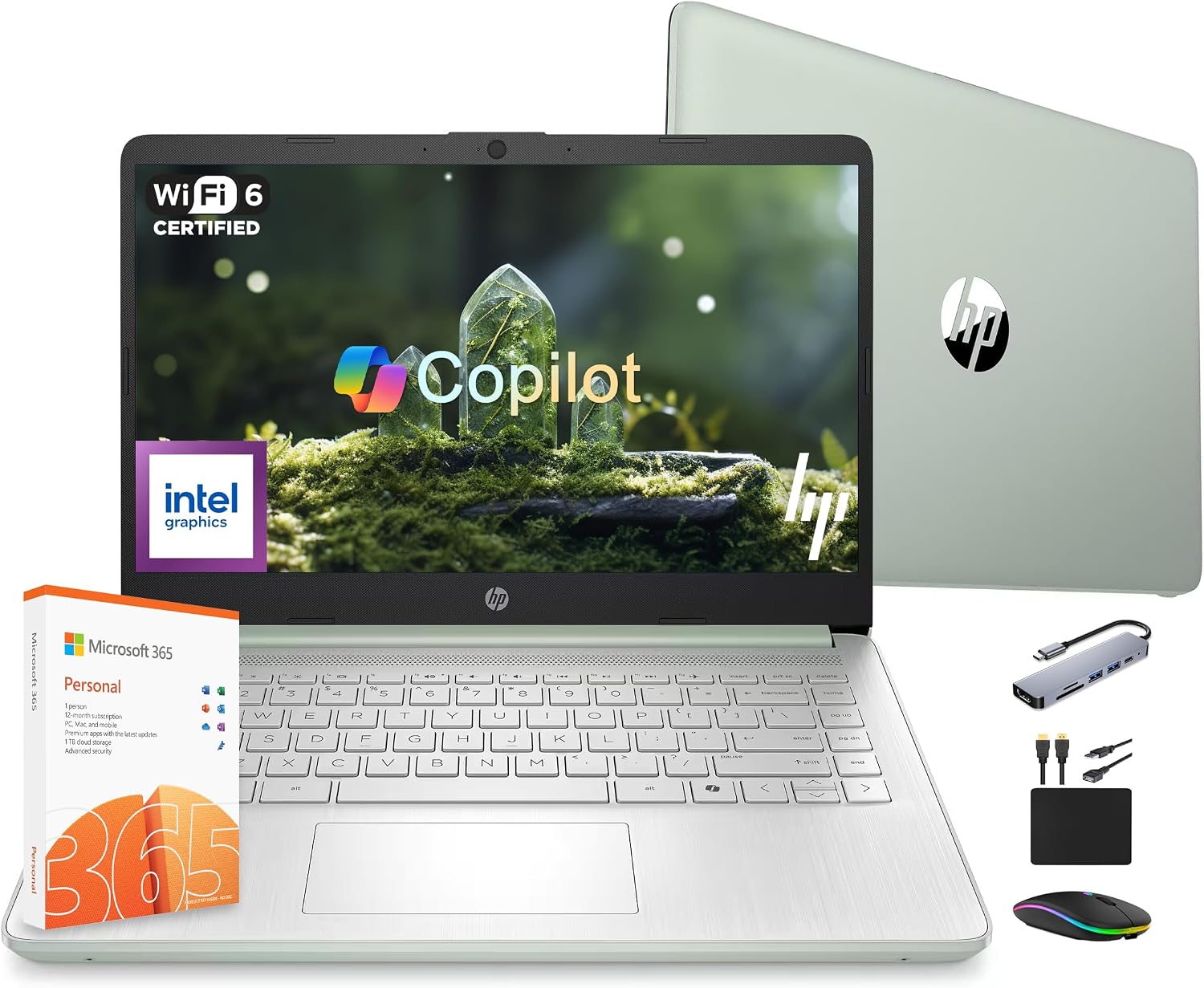 HP 14 Laptop Computer 2025 Ultra Light, AI Copilot Student Business, Quad-Core Intel, 16GB RAM, 628GB Storage (128GB UFS+ 500GB Ext), 1 Yr Office 365, 12 Hr Battery MarxsolAccessory Win 11S, Green