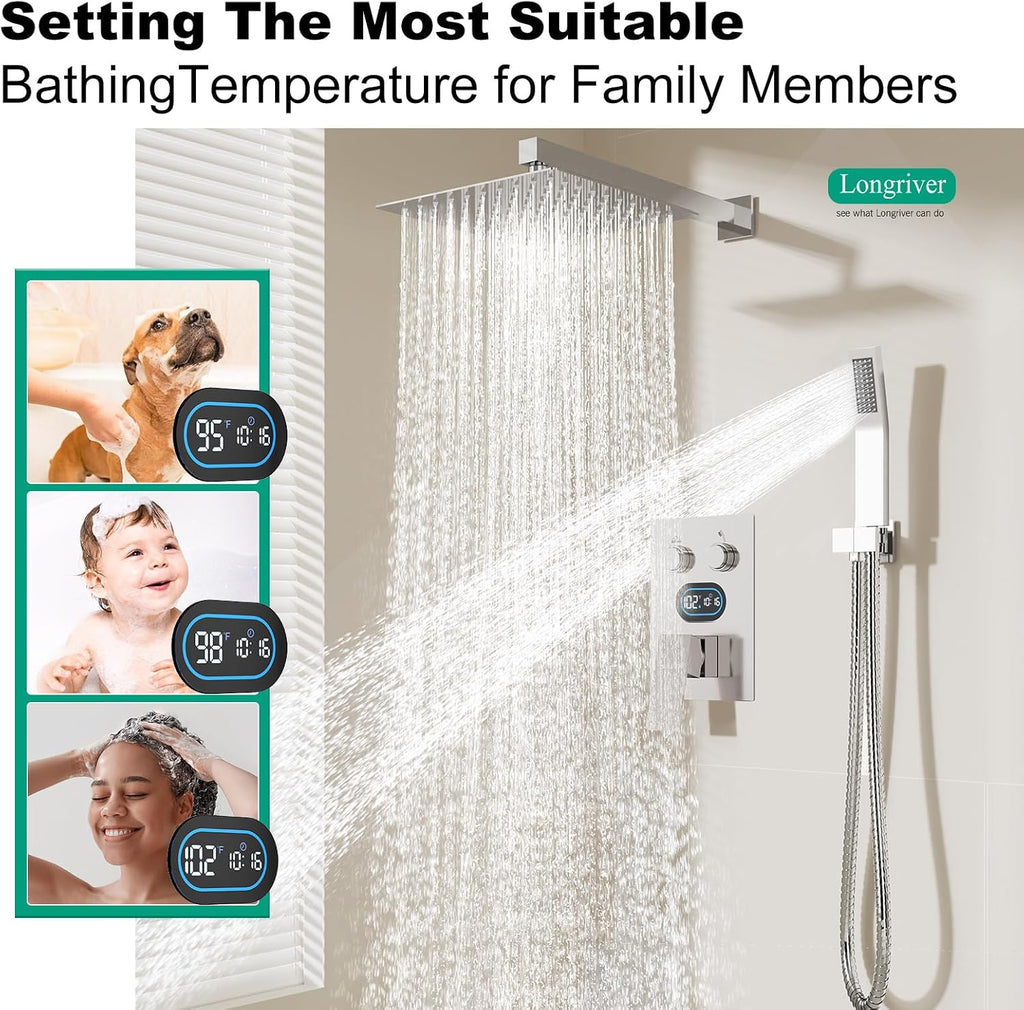 Push Button Diverter Shower Faucet Set Hydro Power Temperature Display, Shower System 10 Inch Shower Head with Handheld Spray, Wall Mounted Shower Fixtures with Valve and Trim Kit, Polished Chrome
