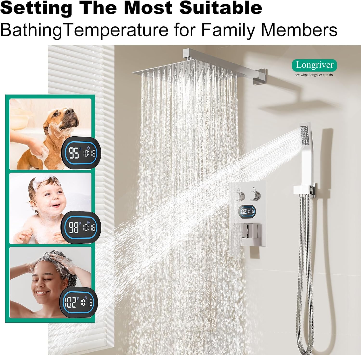 Push Button Diverter Shower Faucet Set Hydro Power Temperature Display, Shower System 10 Inch Shower Head with Handheld Spray, Wall Mounted Shower Fixtures with Valve and Trim Kit, Polished Chrome