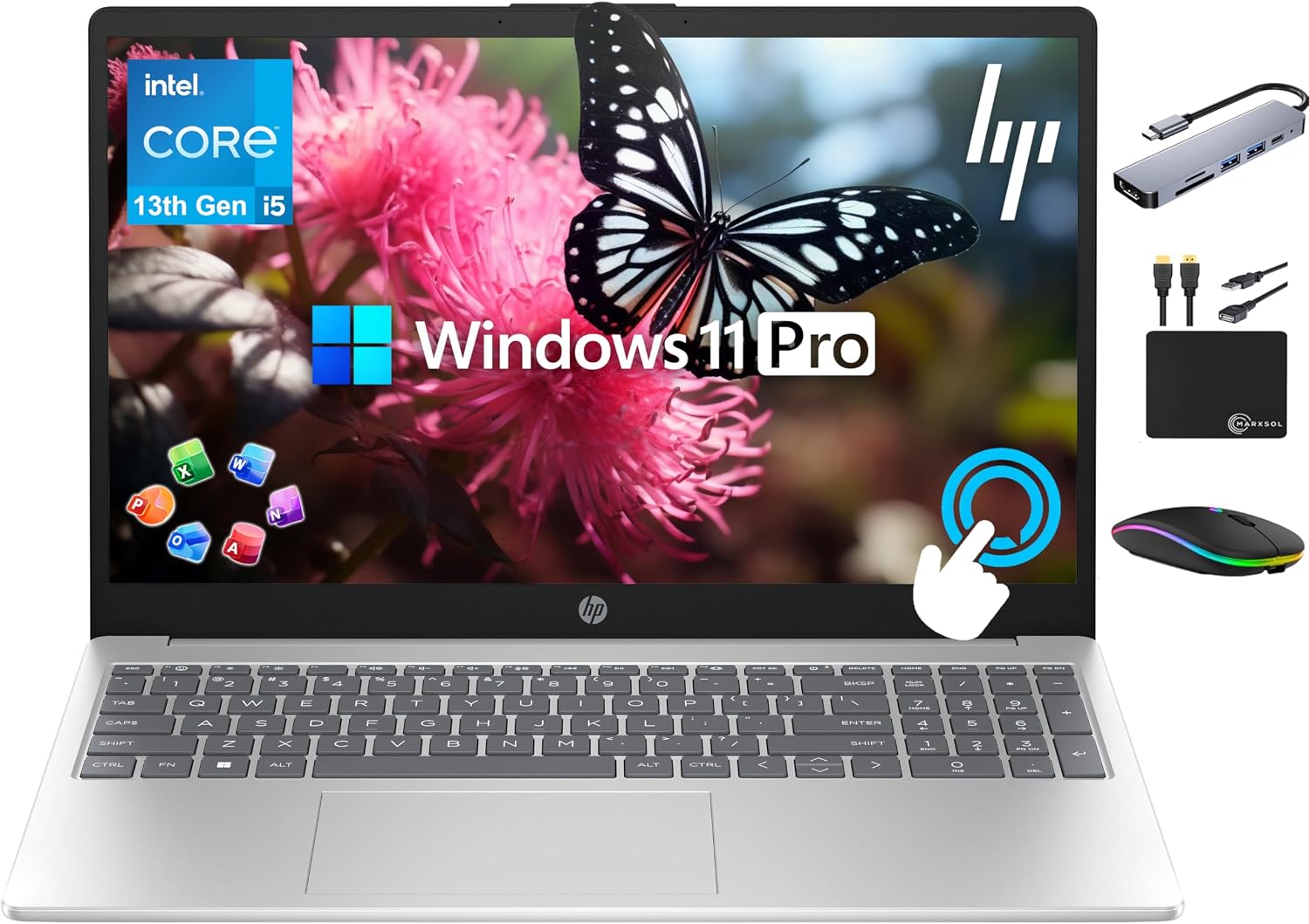 HP 15.6' Touchscreen Pavilion Laptop Computer, 64GB RAM, 2.5TB Storage (2TB SSD + 500GB Ext), 10-Core Intel i5 Processor, Wi-Fi 6E, Windows 11 Pro with Lifetime Microsoft Office, MarxsolAccessory