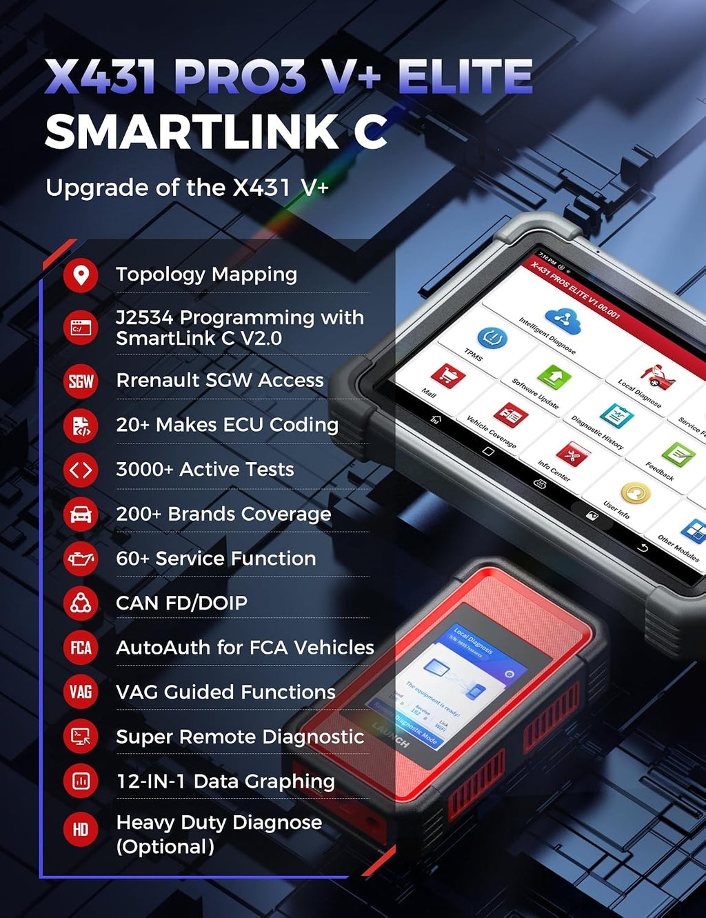 Launch X431 PRO3 V+ Elite, 2026 SmartlinkC 2.0 Bidirectional Scan Tool with J2534 Portocol, HD Trucks Scanner, 10.1 inch, Topology Map, 60+Service, Online Code, CANFD/DoIP/D-PDU, FCA, 2 Yrs Update