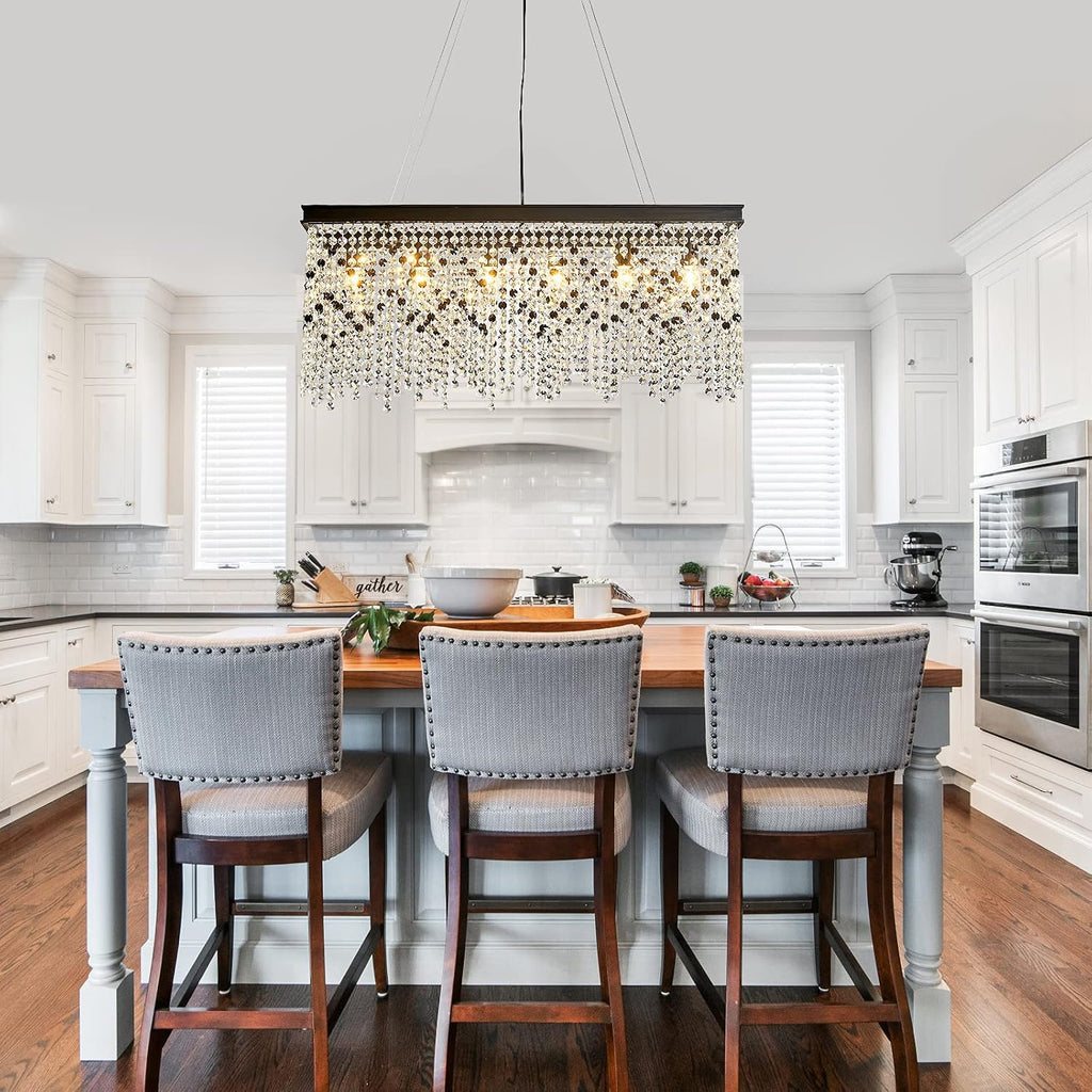 Q&S Black Modern Crystal Chandelier,L30 6-Light Luxury Rectangle Chandelier Light Fixtures for Dining Room Kitchen Island Bar UL Listed